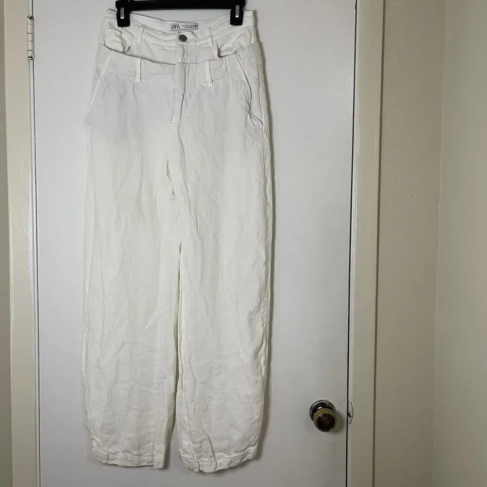 Zara Double Waistband linen blend off white ivory wide leg pants small